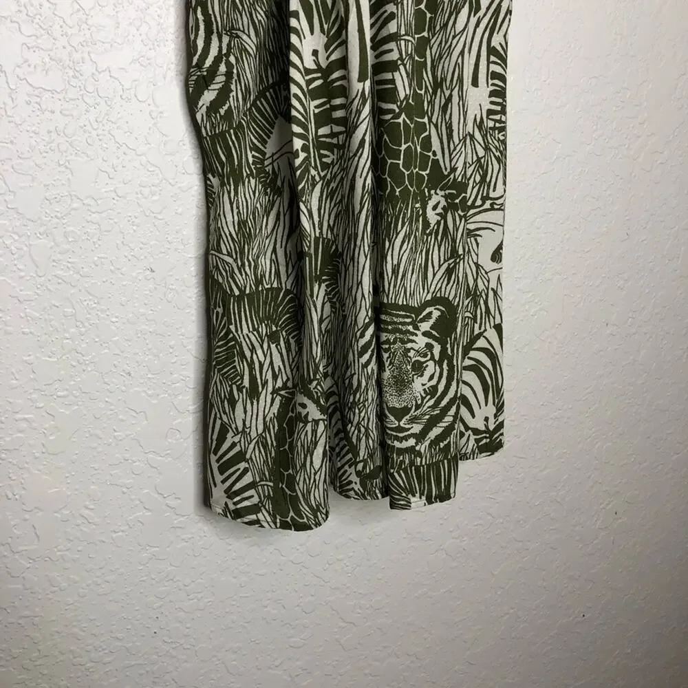 Anthropologie moss green cream safari animal cutout dress size XL Petite NWT